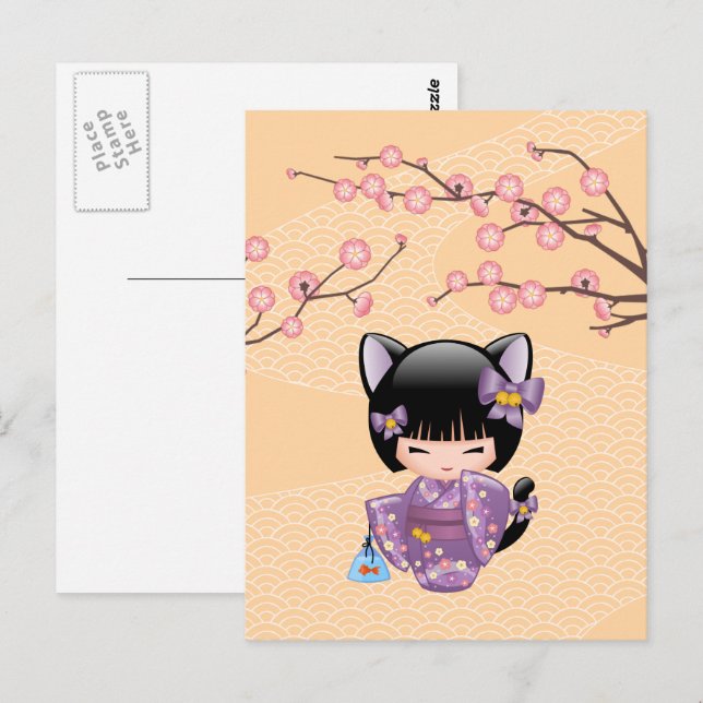Neko Kokeshi Docka - Kattöron Geisha Flicka Vykort (Fram/baksida)
