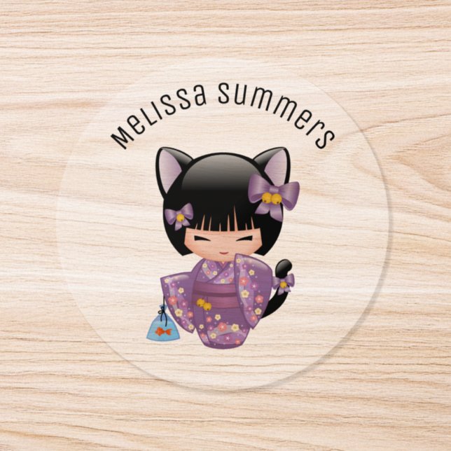 Neko Kokeshi Doll Cat Ears Geisha Girl Runt Klistermärke (Enskild)