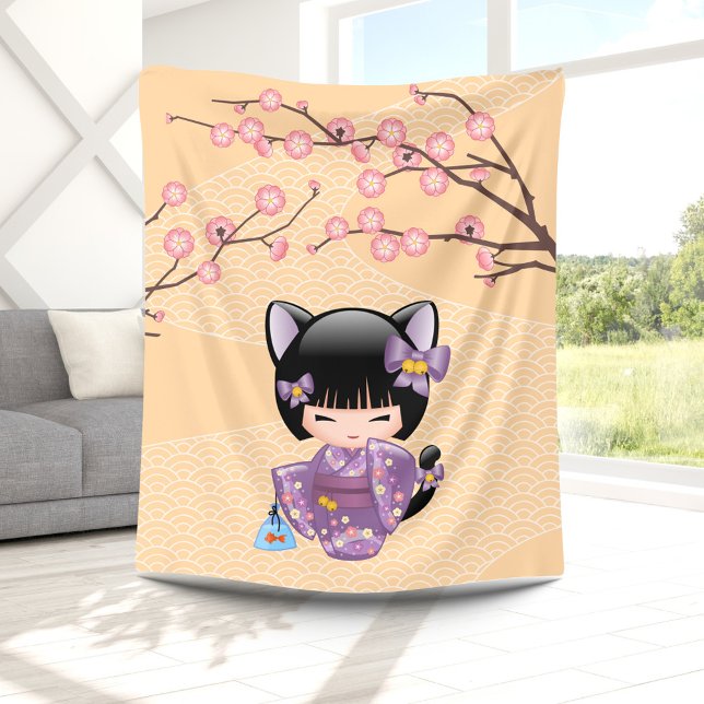 Neko Kokeshi Doll - Cat Öron Geisha Girl Fleecefilt (Skapare uppladdad)