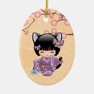 Neko Kokeshi Doll - Cat Öron Geisha Girl Julgransprydnad Keramik