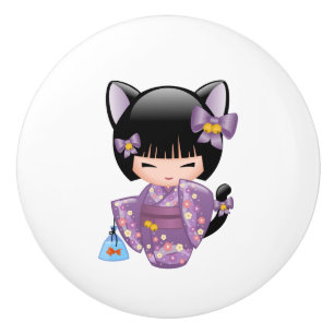Neko Kokeshi Doll - Cat Öron Geisha Girl Knopp