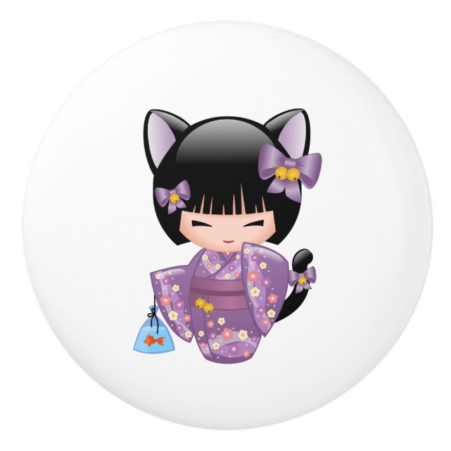 Neko Kokeshi Doll - Cat Öron Geisha Girl Knopp (Framsidan)