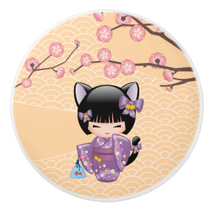 Neko Kokeshi Doll - Cat Öron Geisha Girl Knopp