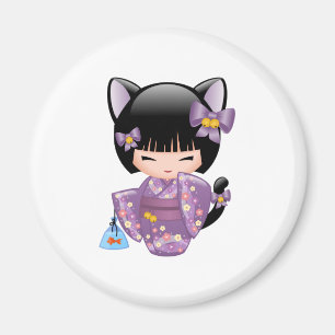 Neko Kokeshi Doll - Cat Öron Geisha Girl Magnet