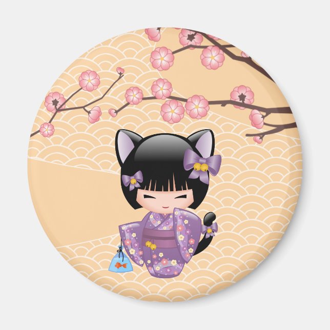 Neko Kokeshi Doll - Cat Öron Geisha Girl Magnet (Framsidan)