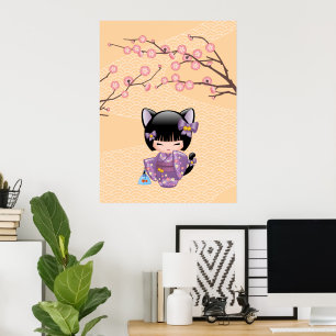 Neko Kokeshi Doll - Cat Öron Geisha Girl Poster