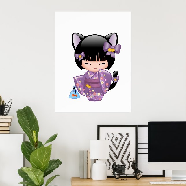 Neko Kokeshi Doll - Cat Öron Geisha Girl Poster (Hemmakontoret)