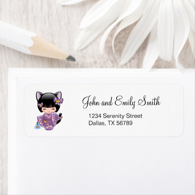 Neko Kokeshi Doll - Cat Öron Geisha Girl Returadress Etikett (Insitu)