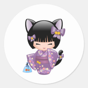 Neko Kokeshi Doll - Cat Öron Geisha Girl Runt Klistermärke