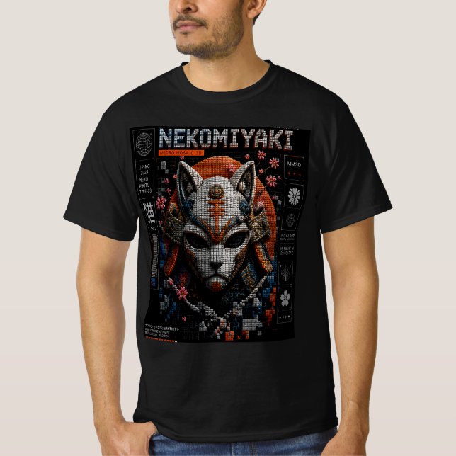Neko Miyaki Micro Mosaic 3D Cyber Katt Grafisk T Shirt (Framsida)