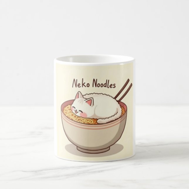 Neko Noodles - Kawaii Cat in Ramen Bowl Illustrati Kaffemugg (Center)