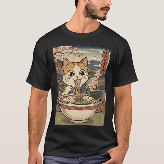 Neko Ramen Drömmar – Japansk Trästil Katt T Shirt (Framsida)