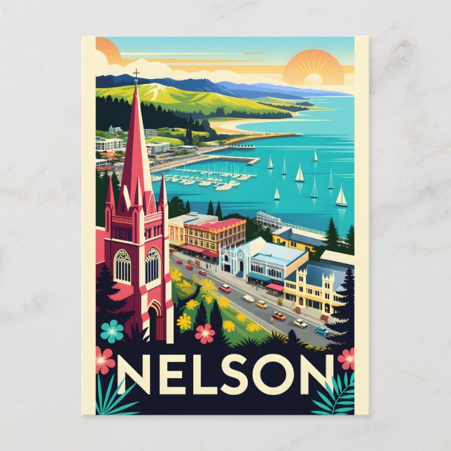 Nelson Nya Zeeland Retro Resemallarvykort Konst Helg Vykort (Framsida)
