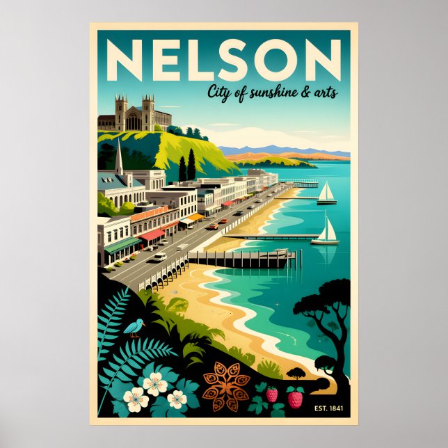 Nelson Nya Zeeland Retro Resemallarvykort Konst Poster (Framsidan)