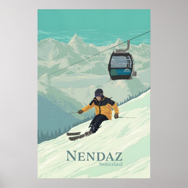 Nendaz Schweiz Skidort Reseskylt Poster (Framsidan)