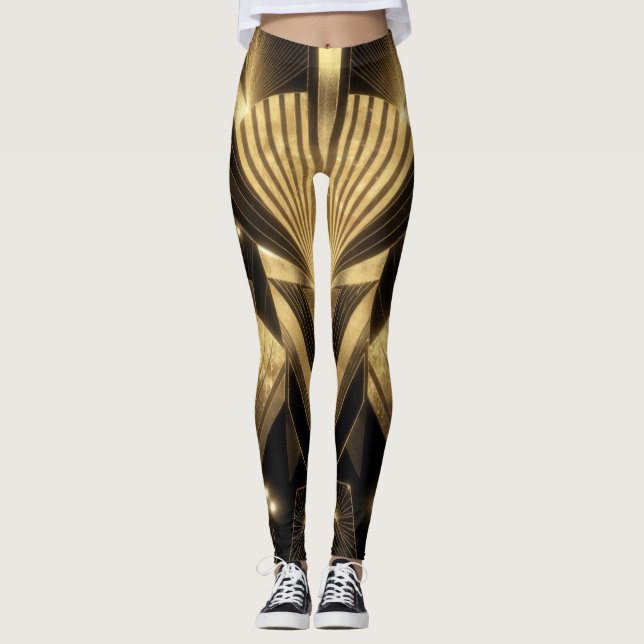 Neo Art Deco Black Gold Geometric Gatsby  Leggings (Framsida)