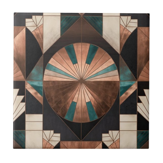 Neo Art Deco Geometric Teal Copper Gold Sunburst Kakelplatta (Framsidan)