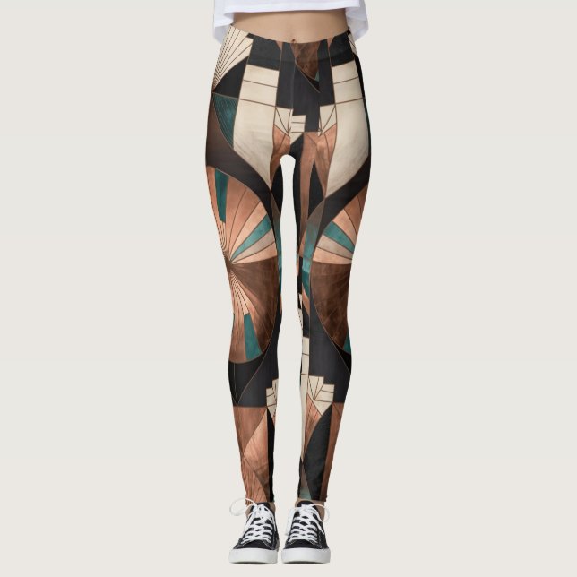 Neo Art Deco Geometric Teal Copper Gold Sunburst Leggings (Framsida)