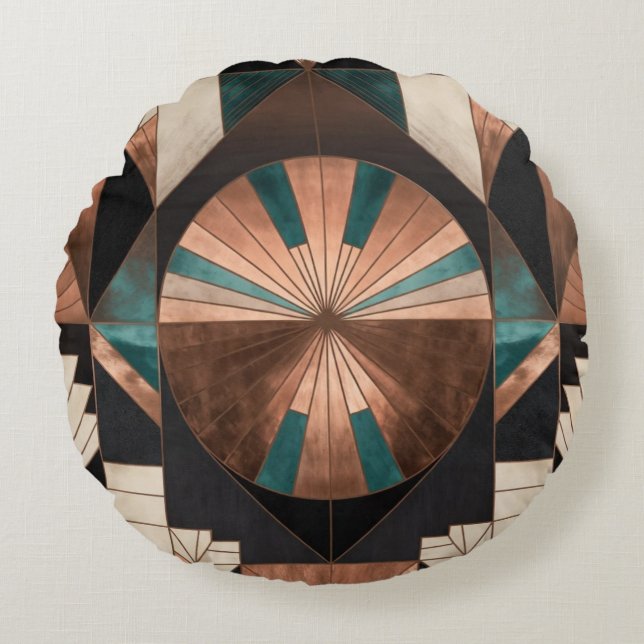 Neo Art Deco Geometric Teal Copper Gold Sunburst Rund Kudde (Framsidan)