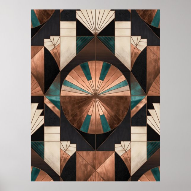 Neo Art Deco Geometrisk Teal Koppar Guld Solstråln Poster (Framsidan)
