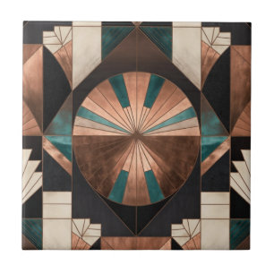 Neo Art Deco Geometrisk Teal Koppar Guld Soluppgån Kakelplatta