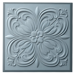 Neo Classic Blommigt Blue Grått Faux Relief Kakelplatta