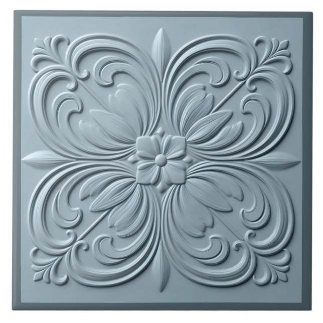 Neo Classic Blommigt Blue Grått Faux Relief Kakelplatta (Framsidan)