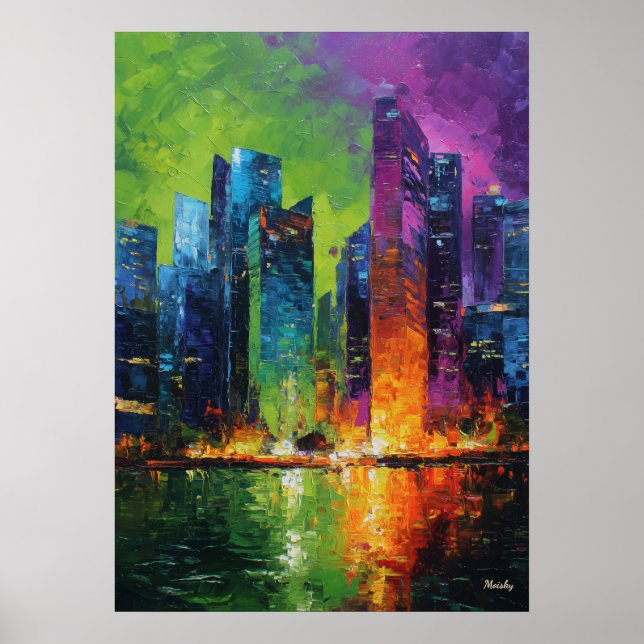 Neo Expressionist Singapore Skyline Vibrant Sunset Poster (Framsidan)