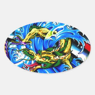 Neo Jap Dragon Tattoo Ovalt Klistermärke