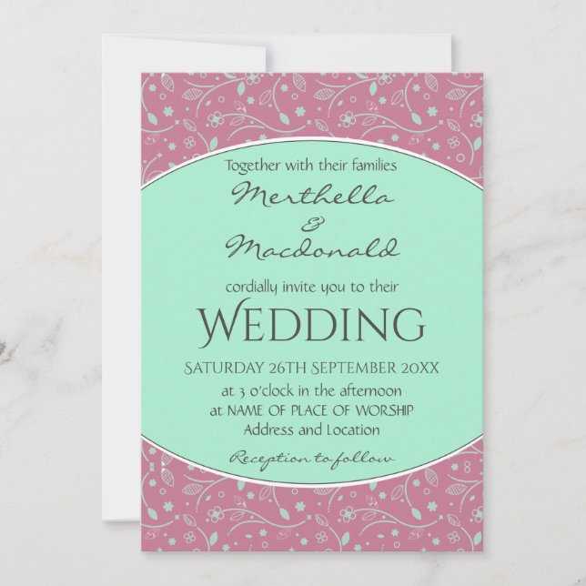 NEO MINT DUSKY ROSA Elegant Modern Blommigt BRÖLLO Inbjudningar (Framsida)
