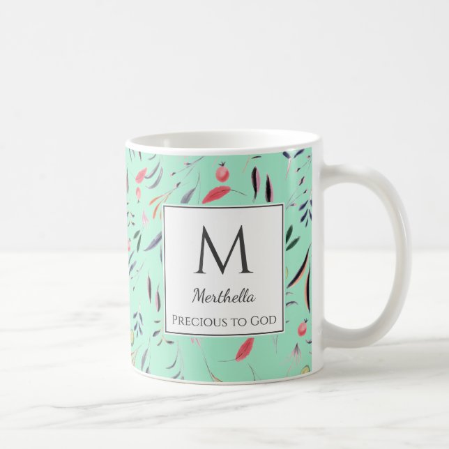 Neo Mint Floral DYRBAR FÖR GUD Anpassad MONOGRAM Kaffemugg (Höger)