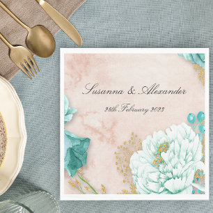 Neo Mint Grönt Flowers och Rosa Boho Bröllop Pappersservett