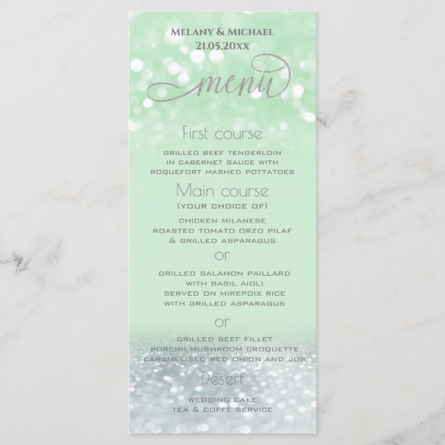 Neo mint silver chic glitterig trendig kalligrafi meny (Framsida)