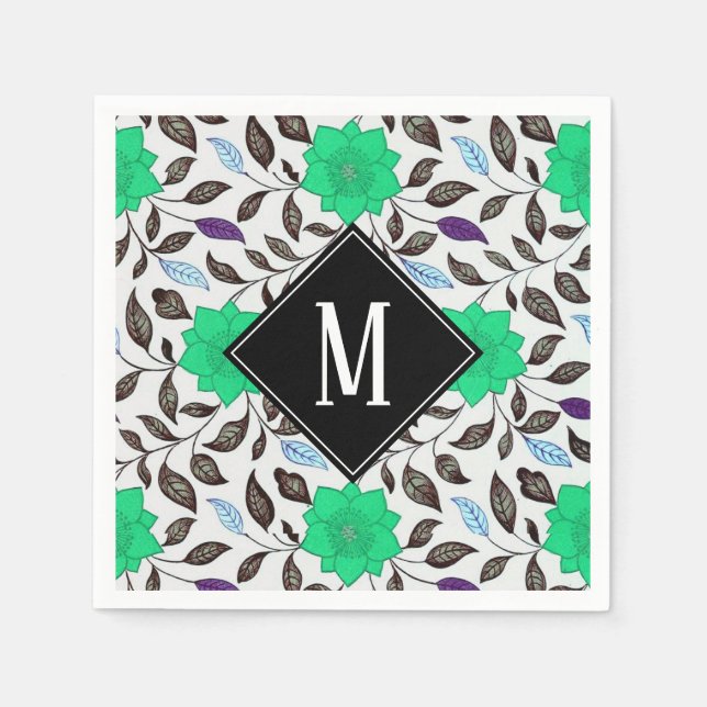 Neo Mint Vintage Blommigt Poppy Mönster Monogram Pappersservett (Framsidan)