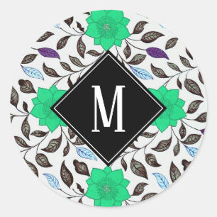 Neo Mint Vintage Blommigt Poppy Mönster Monogram Runt Klistermärke
