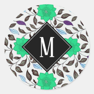 Neo Mint Vintage Blommigt Poppy Mönster Monogram Runt Klistermärke