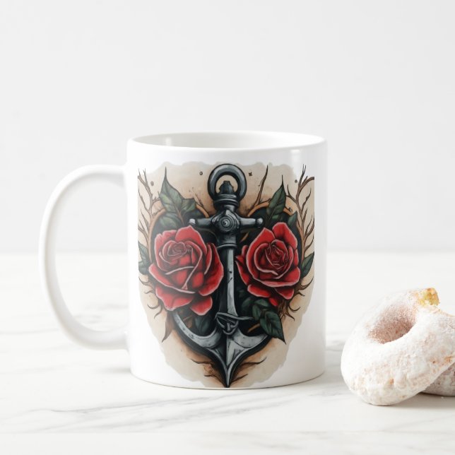 Neo-Traditional Ro och Anchor Tattoo Kaffemugg (Med munk)