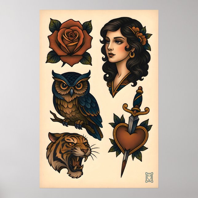 Neo-Traditional Tattoo Flash Sheet Matte  Art Poster (Framsidan)