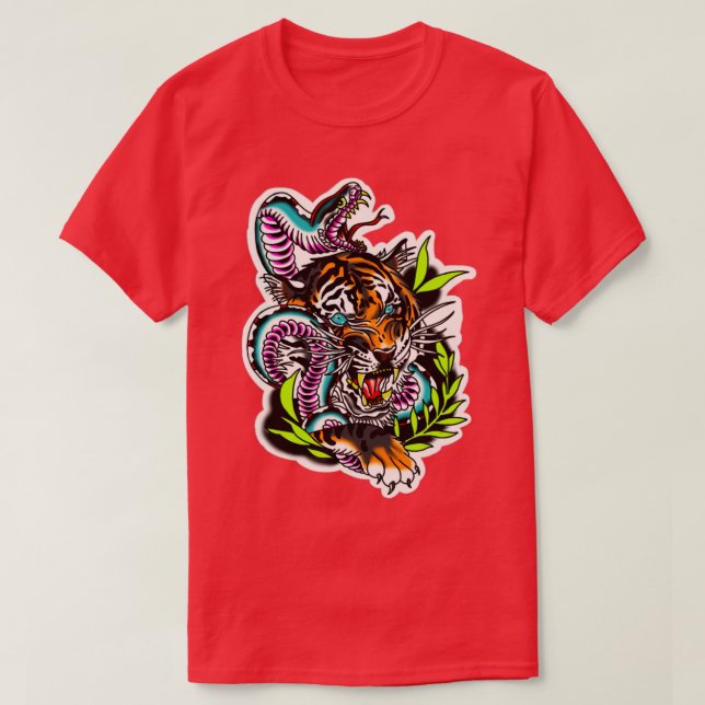 Neo Traditionell tatuering av tiger-orm T Shirt (Design framsida)