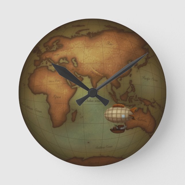 Neo-Victorian Aeronauts Westernare Hemisphere Kart Rund Klocka (Framsida)