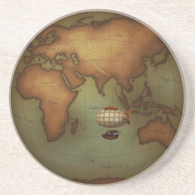 Neo-Victorian World Map Steampunk Airship Zepplin Underlägg (Framsidan)