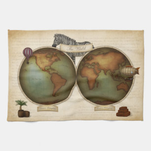 Neo Victorian World Traveler Atlas Steampunk Karta Kökshandduk
