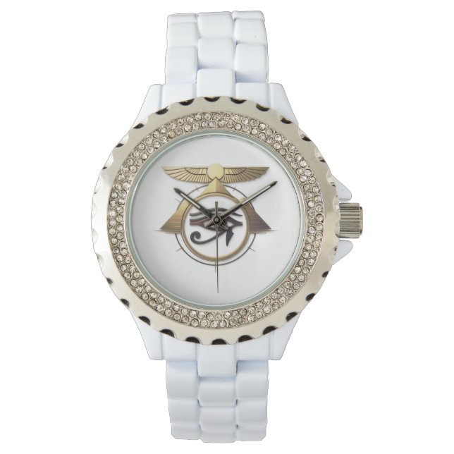 NeoAnkh 3D Golden Eye of Horus & Winged Sun Disk Armbandsur (Framsida)