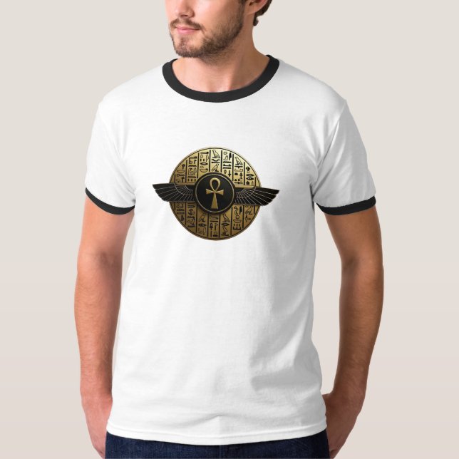 NeoAnkh 3D Golden Winged Ankh & Hieroglyphs T Shirt (Framsida)