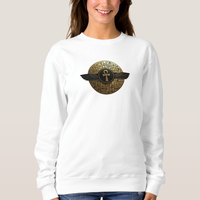 NeoAnkh 3D Guldvingad Ankh & Hieroglyfer Disk T Shirt (Framsida)