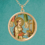 NeoGothic St. Cecilia of Rom (uppgifter; BNG 02) Guldpläterat Halsband<br><div class="desc">I denna detalj från en utmärkt nygotisk schweizisk devotionell tryckning, skildras St Cecilia från Rom (300-talet) genom att spela upp ett upprätt ledningsorgan mot en akvatisk bakgrund med guld punkter och stjärnor. Hennes långa brinnande hår hänger löst och tumlar över sina axlar och ner henne. Hon bär en medeltida stil,...</div>