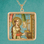 NeoGothic St. Cecilia of Rom (uppgifter; BNG 02) Guldpläterat Halsband<br><div class="desc">I denna detalj från en utmärkt nygotisk schweizisk devotionell tryckning, skildras St Cecilia från Rom (300-talet) genom att spela upp ett upprätt ledningsorgan mot en akvatisk bakgrund med guld punkter och stjärnor. Hennes långa brinnande hår hänger löst och tumlar över sina axlar och ner henne. Hon bär en medeltida stil,...</div>