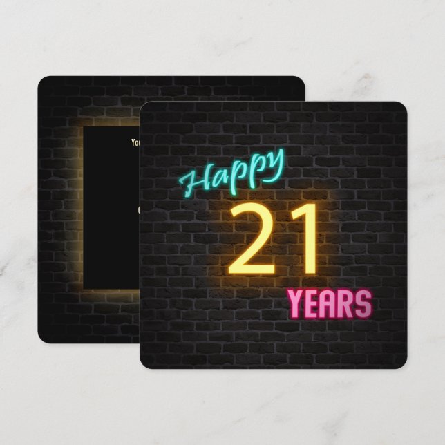 Neon 21:a födelsedagsskylten på brick inbjudningar (Fram/baksida)