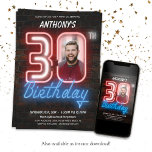 Neon 30års födelsedag inbjudningar<br><div class="desc">Neon 30års födelsedag-inbjudan. En roligt- och retro 80-talets stil-födelsedagsinbjudan,  med en rustisk tittar tegelvägg som bakgrund. Utformningen är enkel med ett tips om humor och anpassade foto! Checka ut samlingen för annan matchande party-dekor!</div>