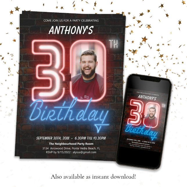 Neon 30års födelsedag inbjudningar (30th Birthday 80s Retro Neon Sign Custom Photo Invitation)